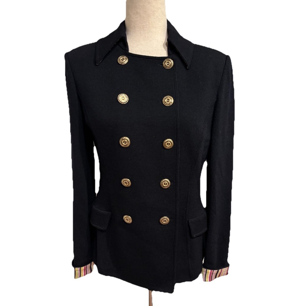 ST.JOHN Collection Santana Knit Double Breasted Blazer Gold Button Black Sz 8